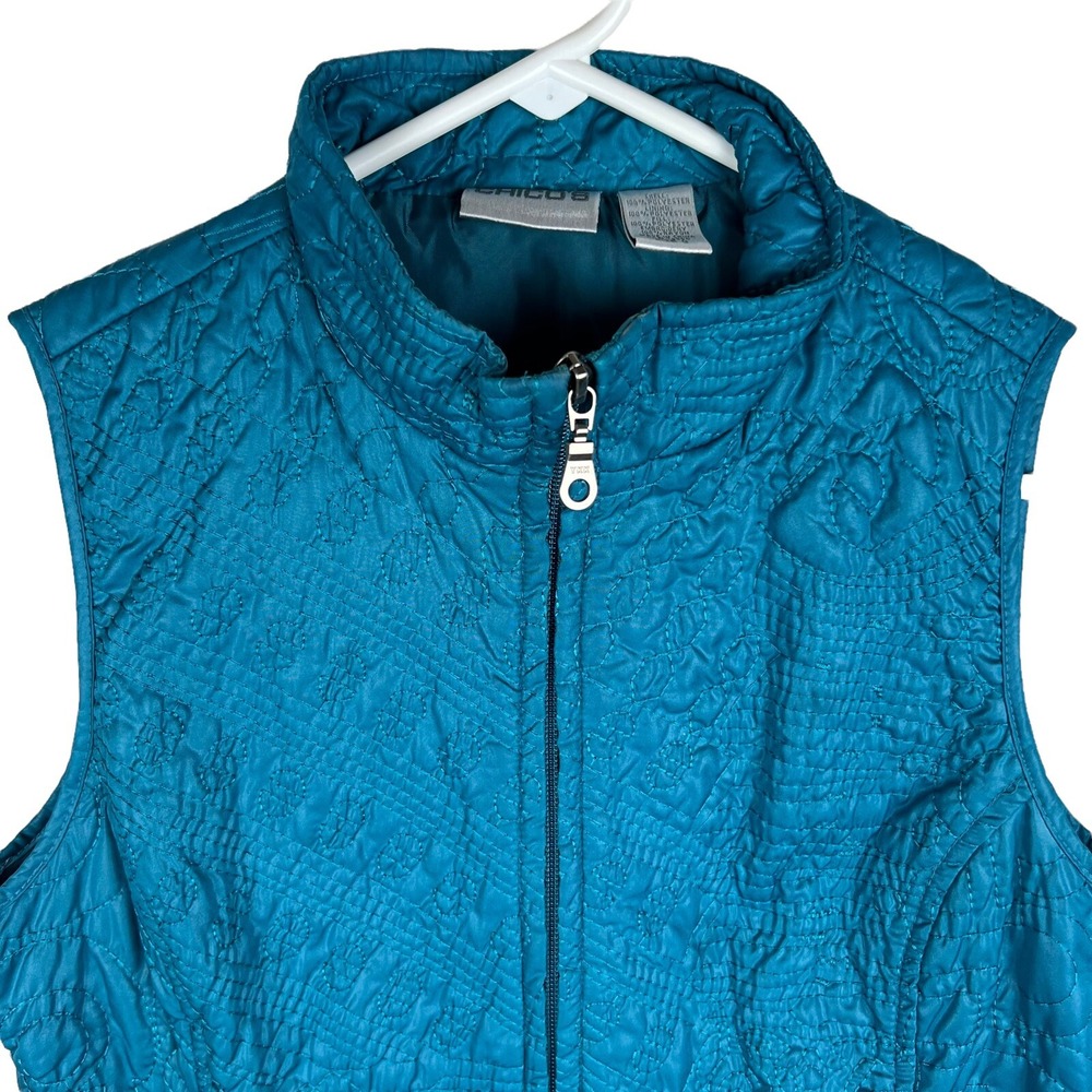 Excellent Condition Chico's Womens Teal Embroidery Puffer Vest Size 0‎  Zipper - Picture 2 of 7